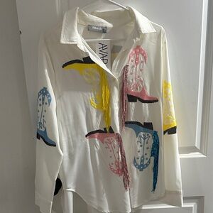 Colorful Cowboy Boot Sequin/Fringe Print Shirt